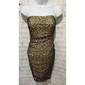 Love J strapless ruched minidress Khaki with black lace mesh overlay NWT size M
